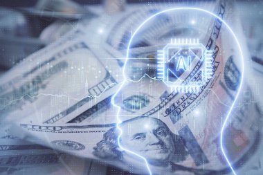 Beynimizin dolar banknotlarının arka planına iki kez çekilmesi. Teknoloji konsepti.