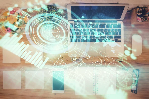 비즈니스 홀로그램 그림은 데스크 컴퓨터를 그려진다 위에서 관계에 — 스톡 사진