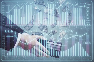 Finansal grafiğe çoklu pozlama hologram, Amerikan dolarları ve insan eli. Analiz kavramı.