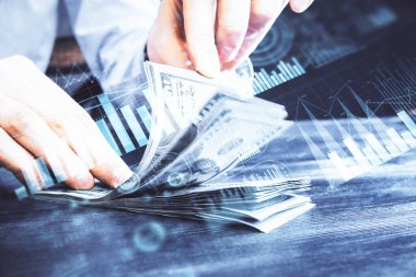 Forx grafiği, hologram, Amerikan dolarları ve insan eli çizimleri. Teknik Analiz kavramı.