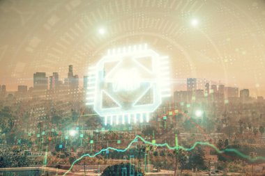 Veri temalı hologram gökdelenler arka planda çoklu pozlama ile şehir görünümüne çizim yapıyor. Büyük veri kavramı.