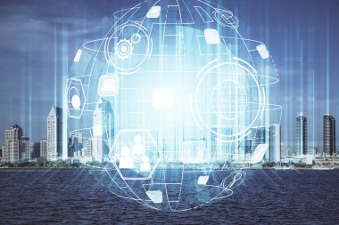 Sosyal ağ tema çizimi ve şehir manzarası arka planına çift pozlama. Bağlantı insanları kavramı.