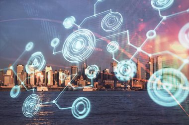 Sosyal ağ tema çizimi ve şehir manzarası arka planına çift pozlama. Bağlantı insanları kavramı.