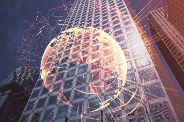 Sosyal ağ tema çizimi ve şehir manzarası arka planına çift pozlama. Bağlantı insanları kavramı.