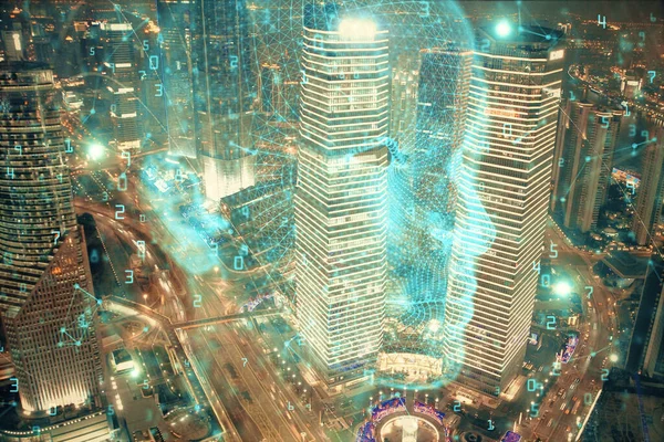 Hologram Mózgu Tle Pejzażu Miasta Podwójna Ekspozycja Koncepcja Burzy Mózgów — Zdjęcie stockowe