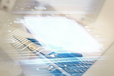 Kişisel bilgisayar ve teknik tema çizimi ile masaüstü çok açıkta. Büyük Veri Kavramı.