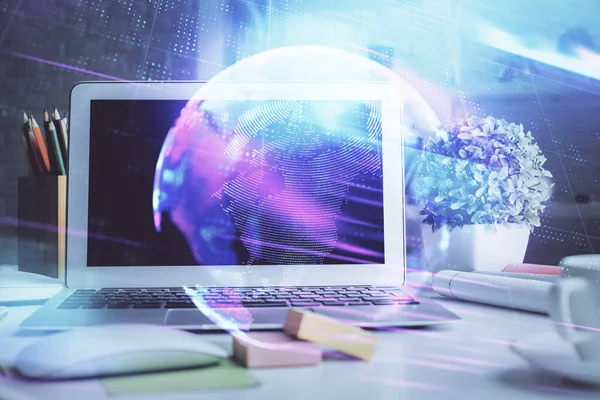 Computer Desktop Office Technology Theme Hologram Double Exposure Tech Concept — Stock Photo, Image