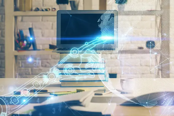 Bilgisayar Teknoloji Temalı Hologramla Birlikte Ofiste Çifte Maruziyet Teknoloji Kavramı — Stok fotoğraf