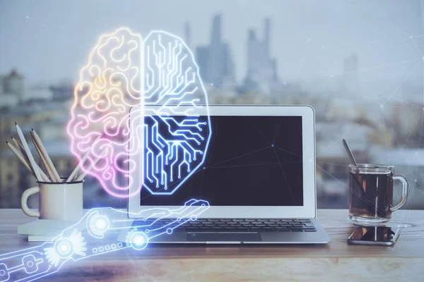 Multiblootstelling Van Werkruimte Met Computer Menselijk Hersenhologram Brainstormconcept — Stockfoto
