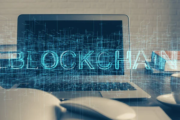 Multi Blootstelling Van Blockchain Thema Hologram Tafel Met Computer Achtergrond — Stockfoto