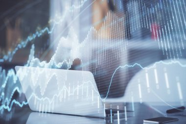 Bilgisayar geçmişi olan eski grafik hologramı. Çoklu maruz kalma. Finans piyasası kavramı.