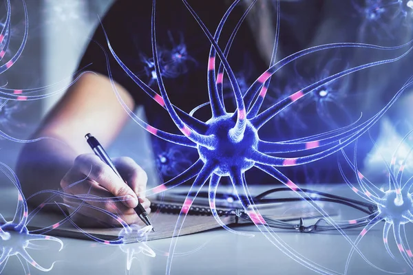 Hologramme Neuronal Sur Les Mains Prenant Des Notes Fond Concept — Photo