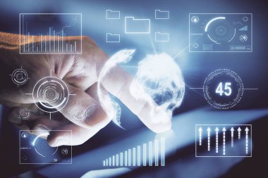 Bir adamın el ele tutuşması ve telefon ve finansal çizim kullanması. Pazar analizi kavramı.