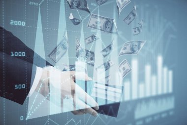 Finansal grafiğe çoklu pozlama hologram, Amerikan dolarları ve insan eli. Analiz kavramı.