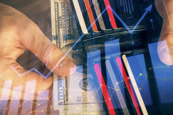 Multi Blootstelling Van Forex Grafiek Tekenen Hologram Amerikaanse Dollars Biljetten — Stockfoto