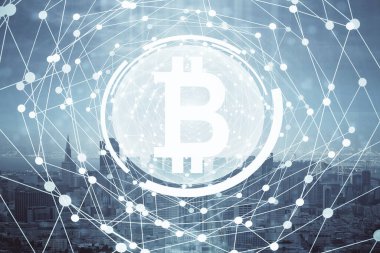 Kripto para birimi temalı hologram çizimi ve şehrin veiw arka planına çift pozlama. Engelleme zinciri ve bitcoin kavramı.