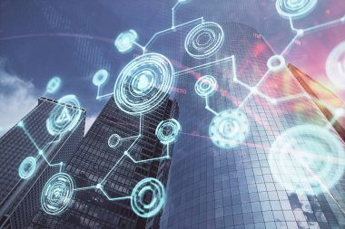 Sosyal ağ tema çizimi ve şehir manzarası arka planına çift pozlama. Bağlantı insanları kavramı.