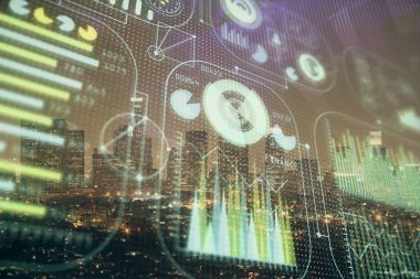 Veri temalı hologram gökdelenlerin arka planında çift pozlama ile şehir görünümüne çizim yapıyor. Ai kavramı.