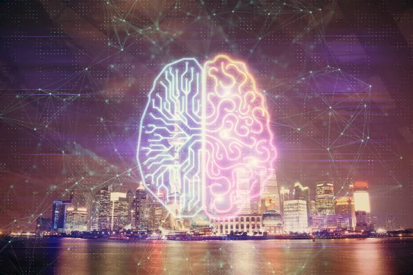 Holograma Cerebral Dibujado Sobre Fondo Paisaje Urbano Doble Exposición Concepto — Foto de Stock