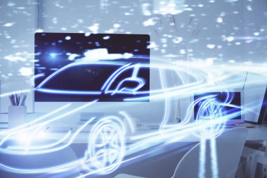 Otomobil hologramı çizimi olan masaüstü bilgisayar arkaplanı. Çoklu maruz kalma. Teknoloji kavramı.