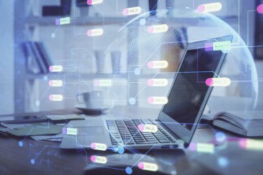 Bilgisayar ve teknoloji temalı çizimlere çifte maruz kalma. Yenilik kavramı.