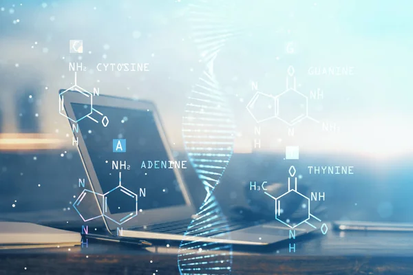 Fundo Computador Desktop Desenho Dna Dupla Exposição Conceito Científico — Fotografia de Stock