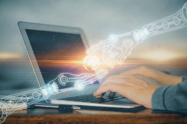 Teknoloji temalı dizüstü bilgisayarda çalışan bir adam. Büyük veri kavramı. Çift pozlama.