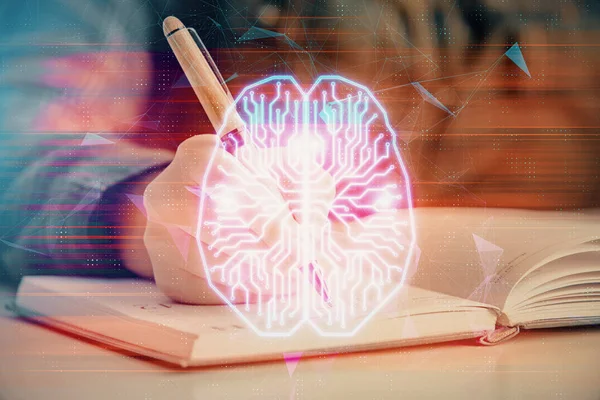 脳ホログラムを背景に女性の手書きの手のマルチ露出 ブレインストーミングの概念 — ストック写真