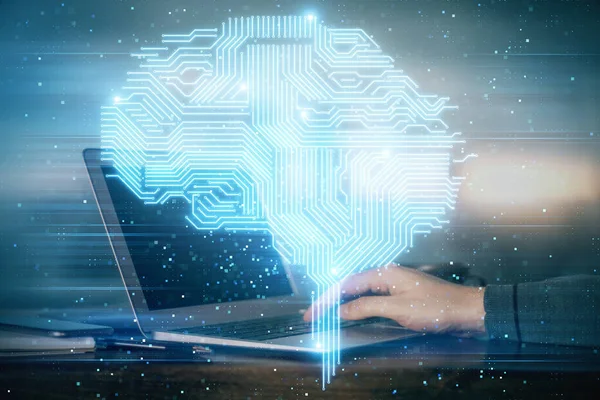 Homem Digitando Fundo Teclado Com Holograma Cerebral Conceito Big Data — Fotografia de Stock