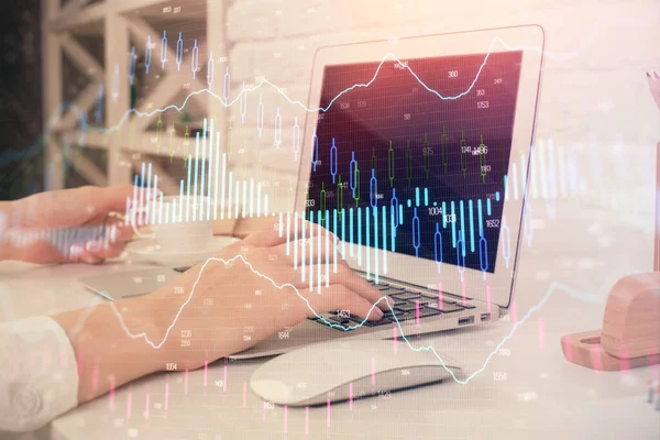 Double Exposure Woman Hands Typing Computer Forex Chart Hologram Drawing — Stock Photo, Image