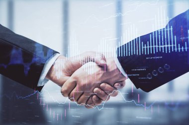 Forx grafik hologramı ve iki adamın el sıkışması. Borsa konsepti.