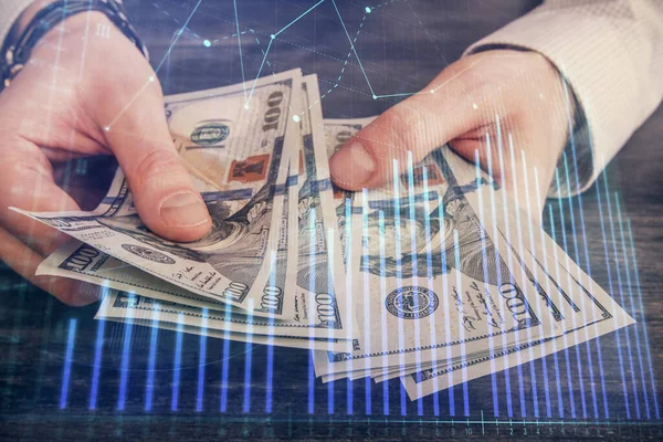 Multi Blootstelling Van Financiële Grafiek Tekenen Hologram Amerikaanse Dollars Rekeningen — Stockfoto