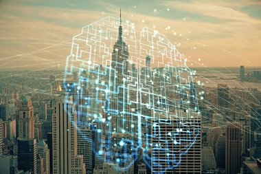 Şehrin arka planında çoklu maruz kalma üzerine beyin hologramı çizimi. Modern şehir konseptinde.