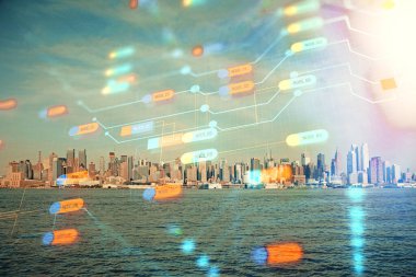 Veri temalı hologram gökdelenlerin arka planında çift pozlama ile şehir görünümüne çizim yapıyor. Teknoloji konsepti.