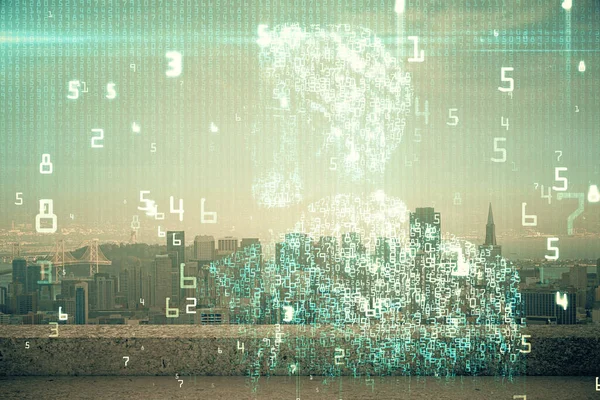 Data theme hologram drawing on city view with skyscrapers background double exposure. Technology concept.