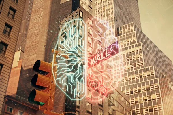 Holograma Cerebral Dibujo Sobre Paisaje Urbano Fondo Multi Exposición Concepto — Foto de Stock