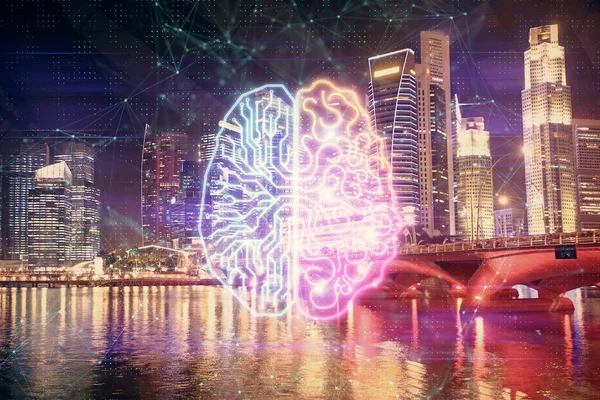 Brain Hologram Drawing City Scape Background Double Exposure Koncept Brainstorming — Stock fotografie