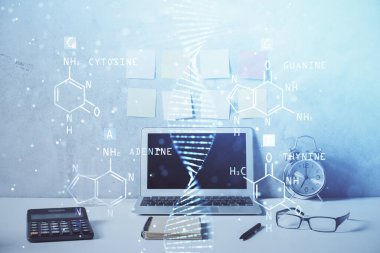 Masaüstü bilgisayar arkaplanı ve DNA çizimi. Çifte maruziyet. Bilim konsepti.