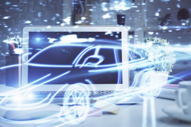 Otomobil hologramı çizimi olan masaüstü bilgisayar arkaplanı. Çoklu maruz kalma. Teknoloji kavramı.