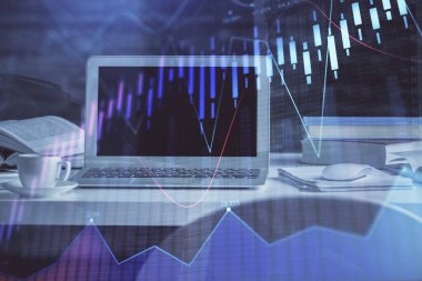 Eski pazar grafiği hologramı ve kişisel bilgisayar geçmişi. Çifte maruziyet. Yatırım kavramı.