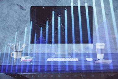 Eski pazar grafiği hologramı ve kişisel bilgisayar geçmişi. Çoklu maruz kalma. Yatırım kavramı.