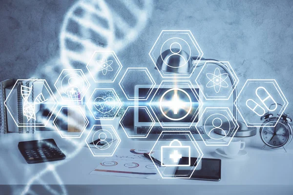 Desktop Computer Achtergrond Dna Tekening Dubbele Belichting Wetenschapsconcept — Stockfoto