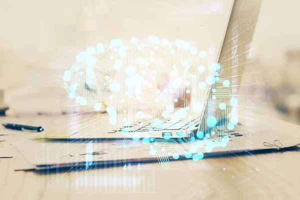 デスクトップコンピュータと人間の脳描画ホログラムの二重暴露 愛の概念 — ストック写真