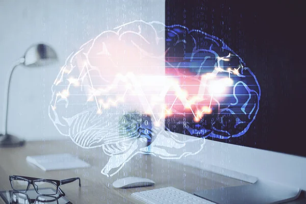 Doppelbelichtung Des Arbeitsplatzes Durch Computer Und Menschliches Gehirn Mit Hologramm — Stockfoto