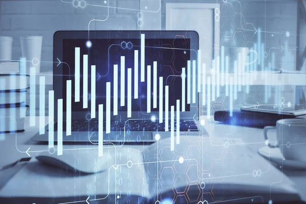 Графік Фондового Ринку Фоні Столу Персонального Комп Ютера Подвійна Експозиція — стокове фото