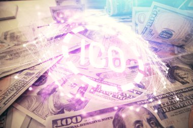 Şifreli temanın çoklu pozu bize dolar banknotları arkaplanı çiziyor. Engelleme zinciri başarısı kavramı.