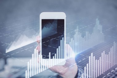 Bir adamın elini tutarken ve dijital bir cihaz ve ön grafik çizimi kullanırken çift pozlama. Finansal piyasa kavramı.