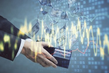 Finansal grafiğe çoklu pozlama hologram, Amerikan dolarları ve insan eli. Analiz kavramı.
