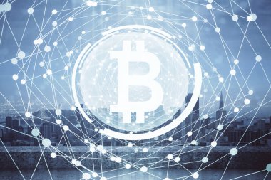 Kripto para birimi temalı hologram çizimi ve şehrin veiw arka planına çift pozlama. Engelleme zinciri ve bitcoin kavramı.