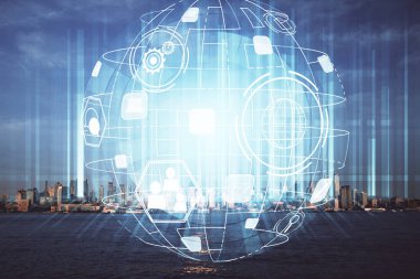 Sosyal ağ tema çizimi ve şehir manzarası arka planına çift pozlama. Bağlantı insanları kavramı.